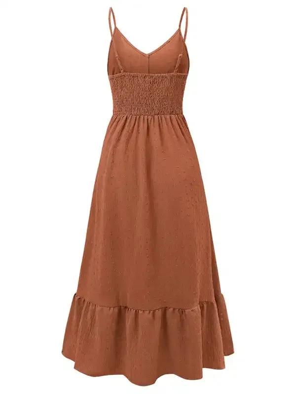 Women’s casual V-neck solid color hollow suspender dress